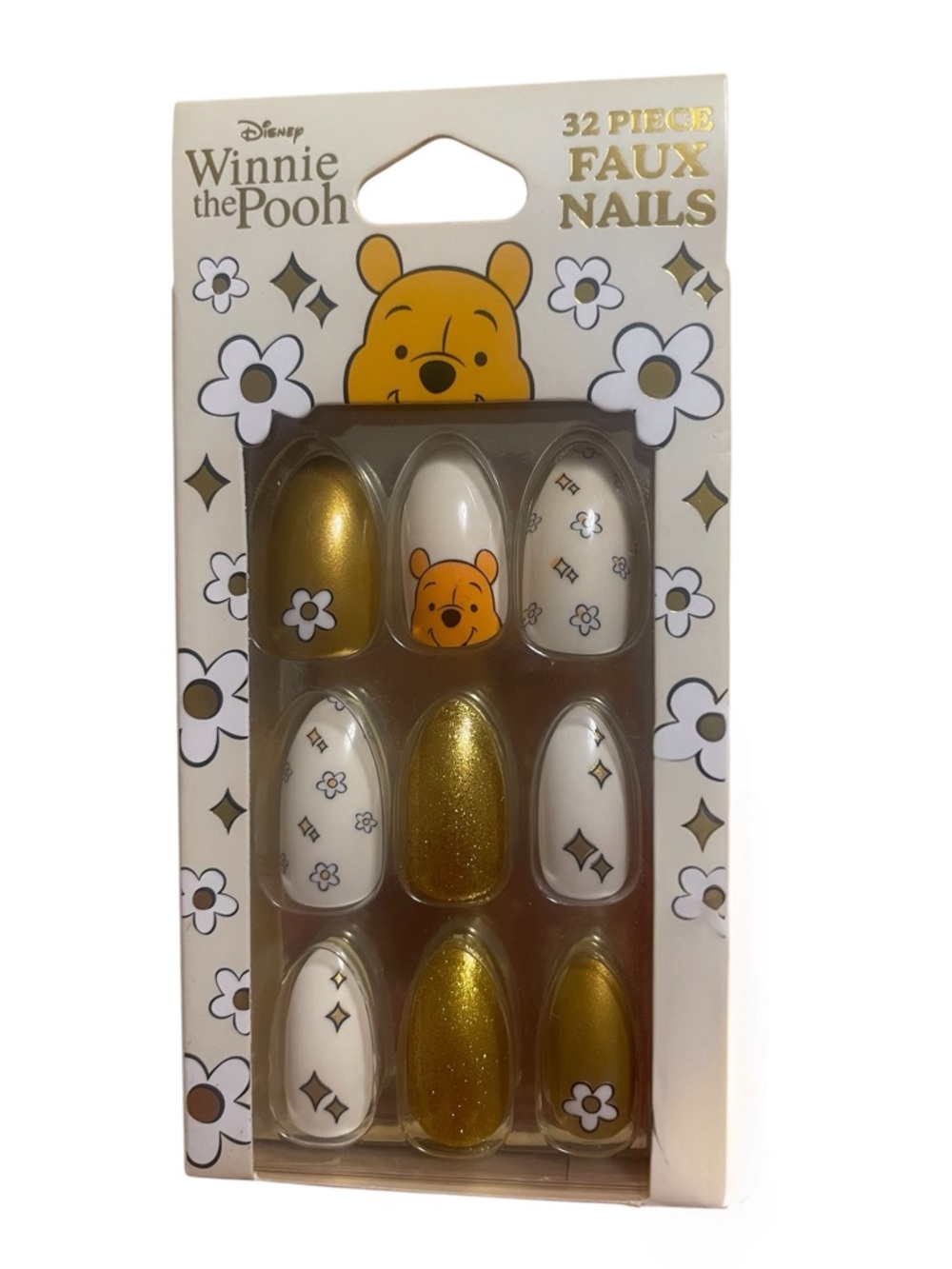 Disney Winnie the Pooh Gold & White Faux Nails - 32 Piece